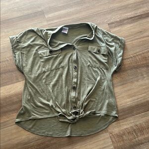 Green V-neck Cap Sleeve Button Down Shirt with Tie Front